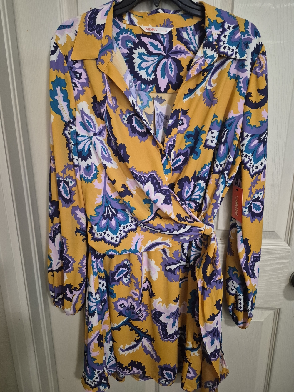 Intempo Size L Yellow Floral Wrap Dress